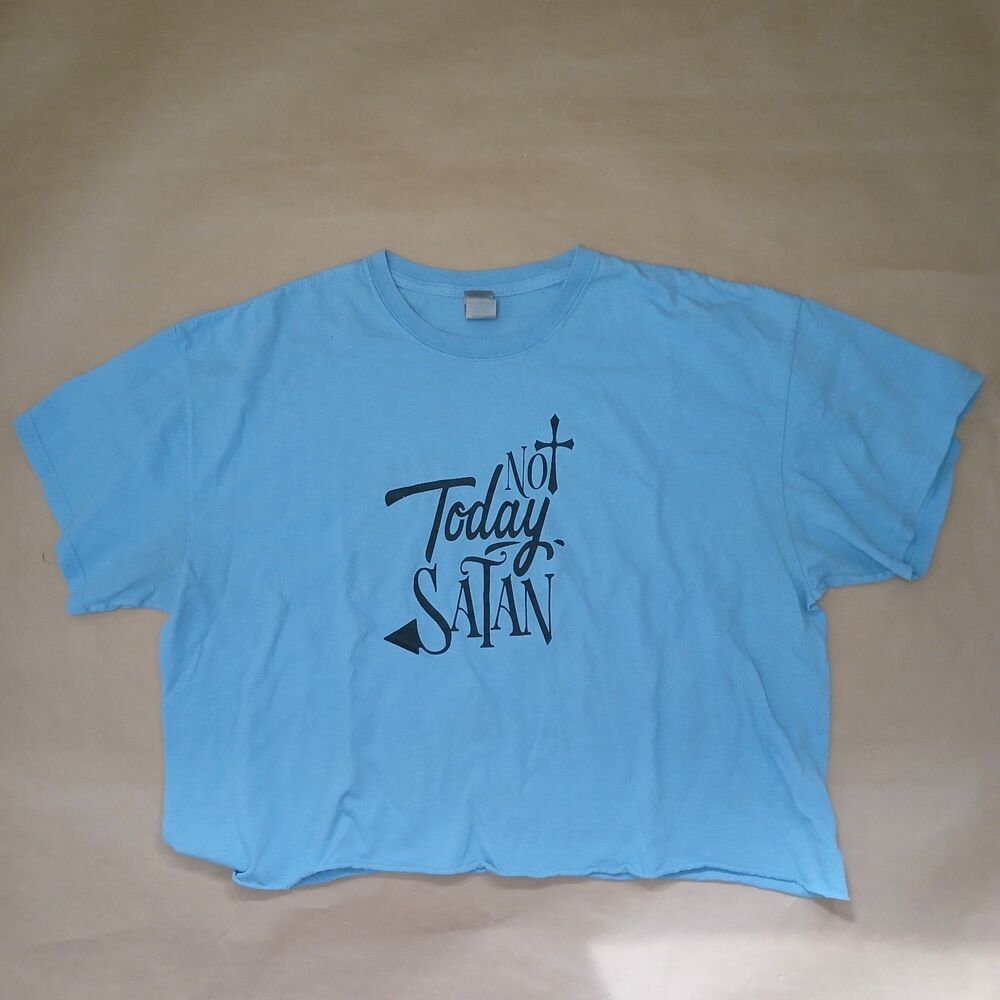 Cropped T-Shirt Not Today Satan Blue Crew Neck Raw Hem Graphic Tee Humor